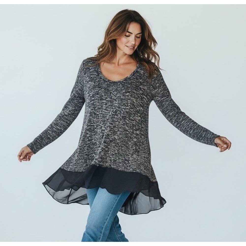 Charming Charlie Women’s MEDIUM Sweater Black Lightweight Knit Flounce Sheer Hem